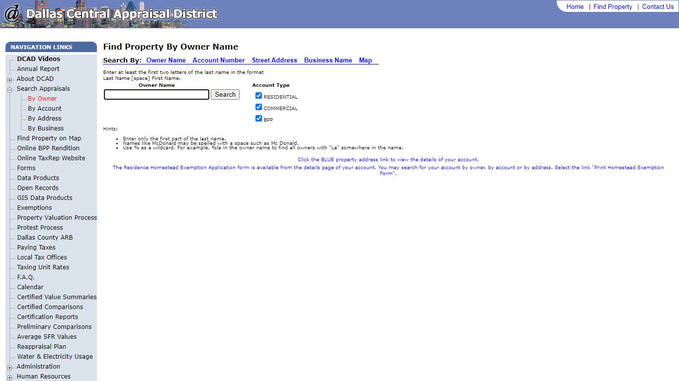DCAD: Find Property By Owner Name - dallascad.org